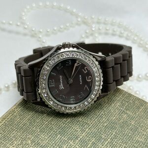Brown and Silver Diamanté Geneva Watch